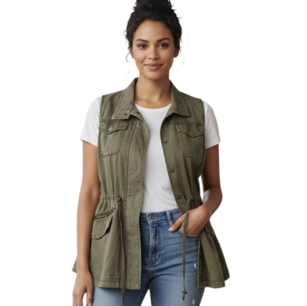 Caslon 1X Olive Green Utility Vest Sleeveless Zip Button Stretch Tencel Layering